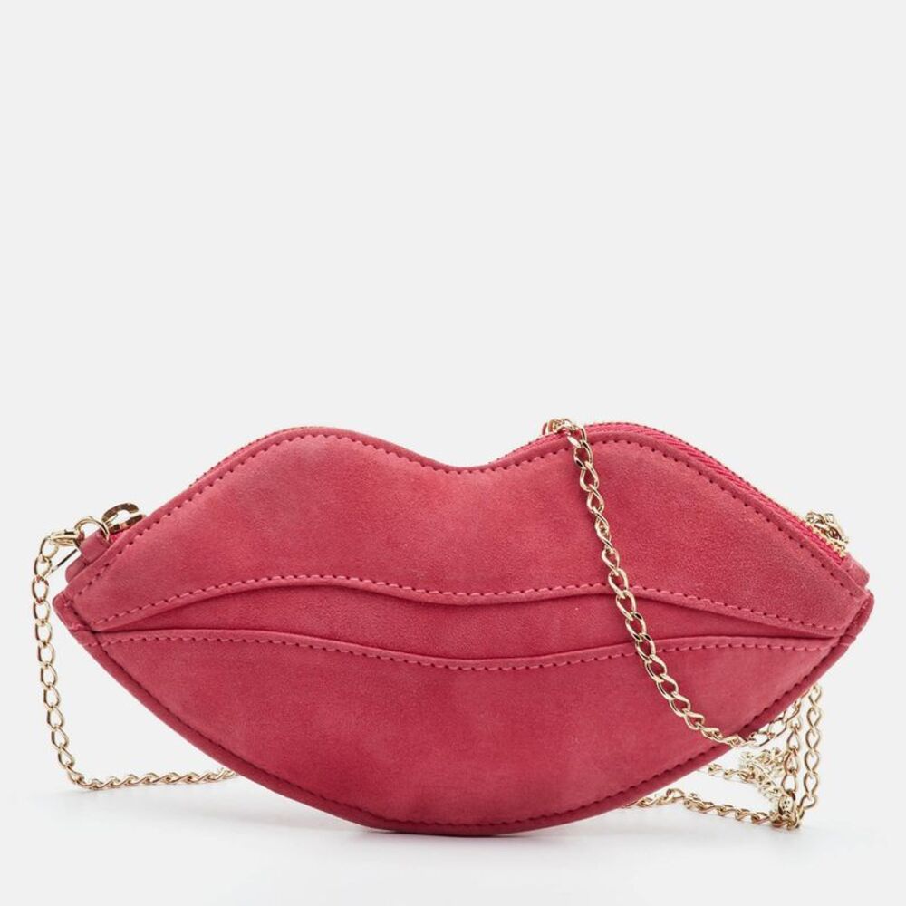 Charlotte Olympia Kiss Purse Pink Suede Lip Chain Clutch
